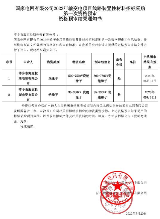 國(guó)家電網(wǎng)有限公司35kV-750kV資格預(yù)審結(jié)果通知書